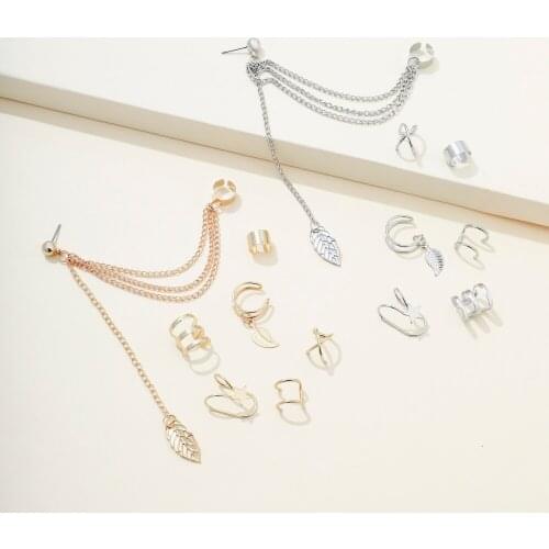 VG 6YM New Fashion Punk Style Gold Color Alloy Leaves Star Clip Earrings Set Metal Earrings For Women Party Jewelry Wholesale