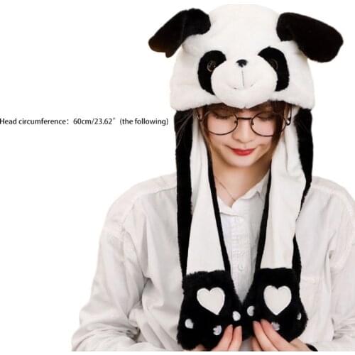 Children Adult Short Plush Cute 3D Cartoon Panda Animal Hat with Moving Ears Double Airbag Paws Warm Earflap Cap Toy Party Props