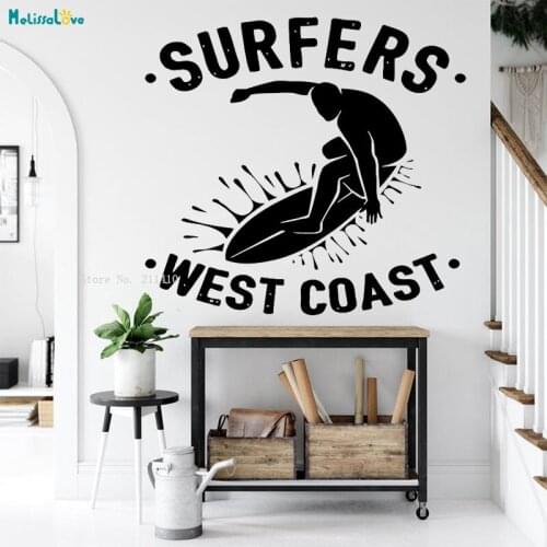 Surfrs West Coast Camp Wall Decals Mens Game Brave Sports Conquer The Sea Home Decor Surfboard Waves Vinyl Murals YT4379