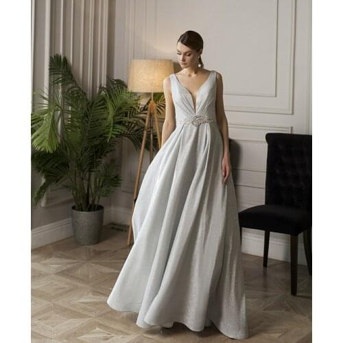 Vintage Long Glitter V-Neck Beaded Evening Dresses with Pockets Open Back Floor Length Robes De Mariée Party Gowns For Women