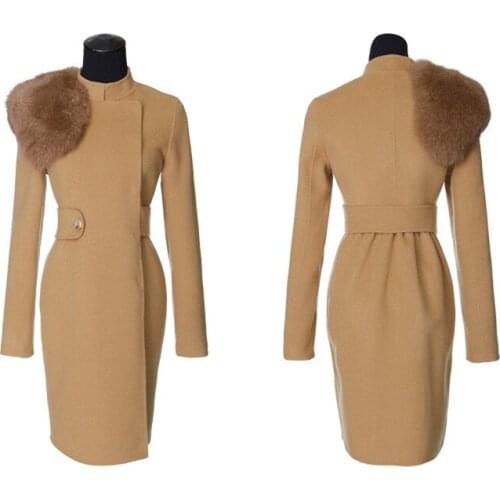 High grade woolen fabrics fox fur shoulder stand collar women retro fashion slim mid-long overcoat XS-L
