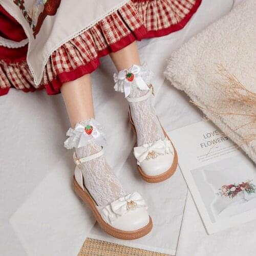 Womens Lolita Round Toe Bowknot Pearls Kawaii Cosplay Shoes Sandals Platform Plus Size 34-43 Mary Janes New 2021