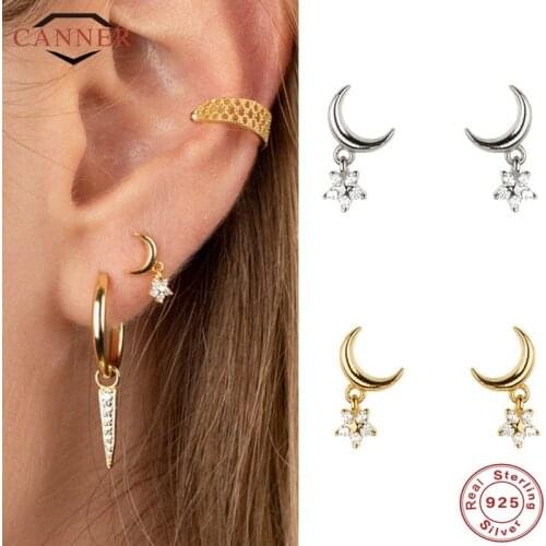 CANNER European American Fashion Simple Wild Real 925 Sterling Silver Earrings For Women Crescent Star Zircon Earings Jewelry