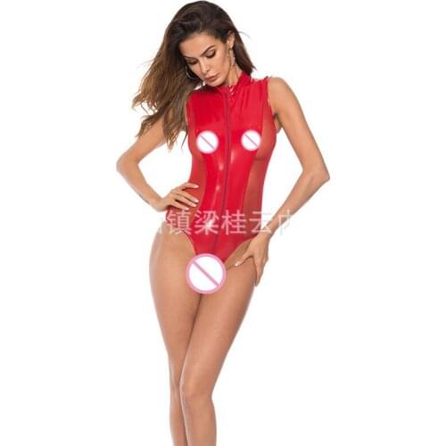 2020 Plus Size Faux Leather Women Triangle Erotic Bodysuit Black PVC Night Club Front Zipper Through Crotch Tulle Net Lingerie