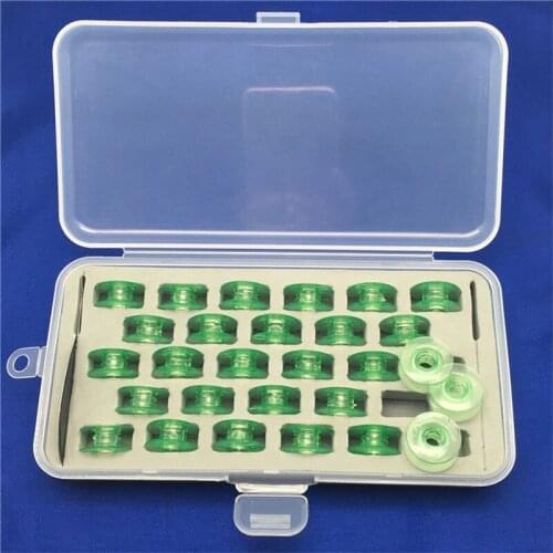 1set include a 28 Space Plastic Storage box, 28 Brand Clear Plastic GREEN bobbins 4123078-G and One Needle Threader AA7351