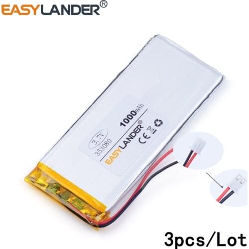 3pcs /Lot 3.7v lithium Li ion polymer rechargeable battery 2.54 1000mAh 353080 3.7V polymer battery car phone smart home