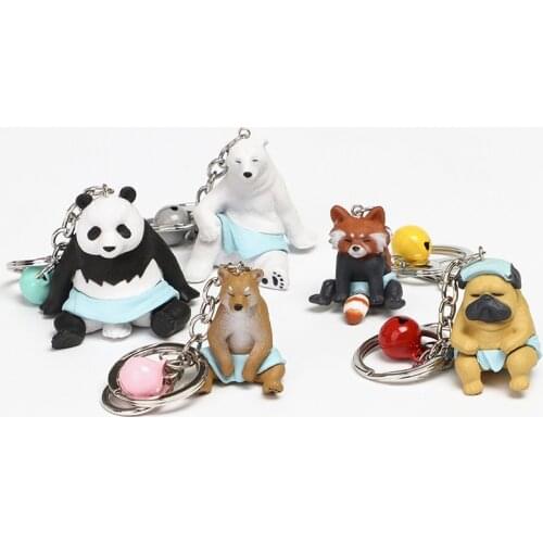 5Pcs/Set Cute Designs Bathe Animal Keychains Polar Bear Panda Dog Raccoon Pendant Small Ornament Charm Bells Pet Keyring Girls