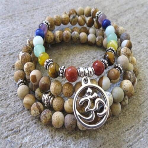 6mm Picture stone agate Mala Bracelet 108 Beads pendant Reiki Fancy Wristband yoga Tassel Chakas energy Buddhism Bless chain