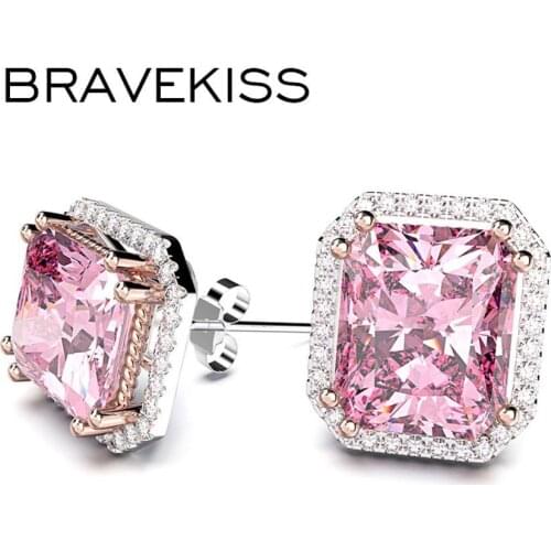 Bravekiss Pink Square stud earrings with stones for female Fine fashion jewelry cute accessories for women Cubic Zircon BUE0600