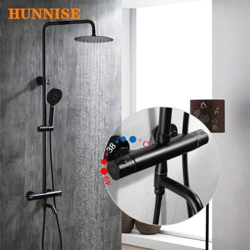 Black Thermostatic Shower Set Copper Bathtub Faucet Rainfall Shower Head Bathroom Fixture Black Bronze Thermostatic Shower Sets