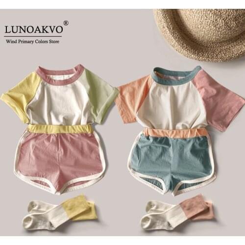 Lunoakvo Korean Summer New Girls and Boys Children Baby Cute Color Shorts Kindergarten Sports Suit