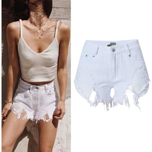 Exy High Waist Denim Shorts Women Destroyed Ripped Jeans Distressed Irregular Short Trousers Tassel Plus Size Summer White 2020