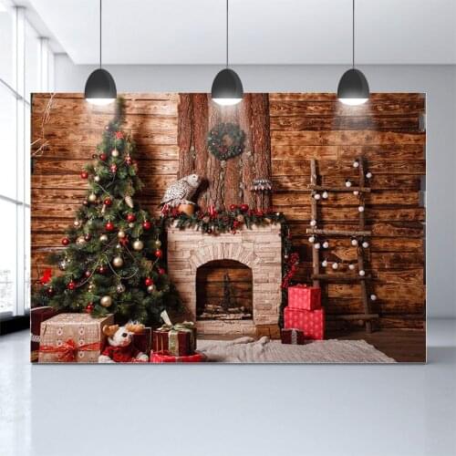 Photography Background Christmas Tree Brown Wood Wall Christmas Fireplace Photo Backdrop Photo Booth Photocall Background Props