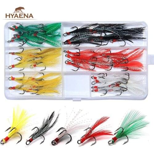Hyaena 50pcs/Box Fishing Treble Hook Lures with Feather Jigging Baits Flash Fishing Hook Lure Accessories