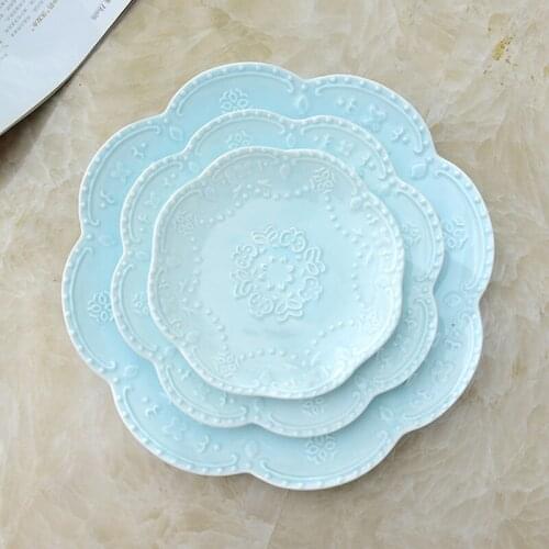 Ceramic Glaze Western Dish-Blue Flat Plates-6"8"10" Steak Plate-Round Lace Embossed Cake Tray-Buffet Tray