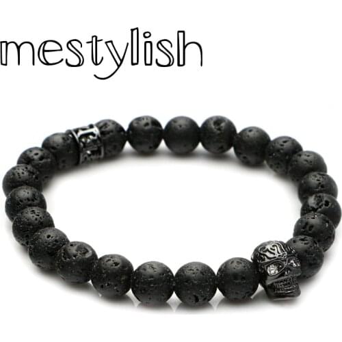 Mestylish Skull Head Bracelet Six Words Mantra Spacer Beads Bangles Nature Stone Sea Sediment and Lava Beads Bracelet Jewelry