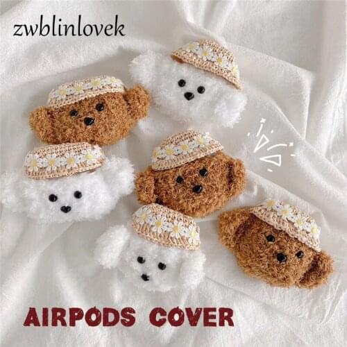 3D cute cartoon straw hat dog winter plush case wireless bluetooth headset soft cover for airpods pro 2 headset protection