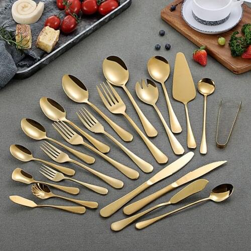 Cutlery Tableware Dinner Set Gold Mirror Teak Knife Fork Spoon Cake Spade Ice Cream Set Stainless Steel Gold Kitchen Accessories