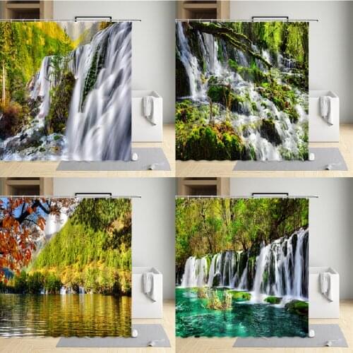 Natural Scenery Shower Curtains Waterfall Green Meadow Flower Landscape Bathroom Decor Waterproof Cloth Curtain Sets With Hook
