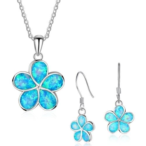 New Fashion Women Jewelry Set Flowers Fire Opal Pendant Earrings Wedding Classic Jewelry For Women Necklace