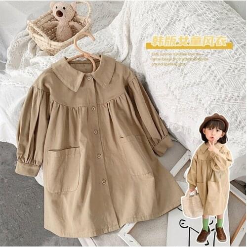 2021 Autumn New Fashion British Khaki Windbreaker Korean Style Doll Collar Children Casual Loose Girl Jacket