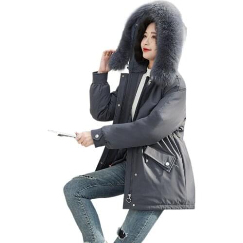 2021 New Cotton Liner Parker Parka Fashion Adjustable Waist Fur Collar Winter Jacket Women Medium Long Hooded Parka Coat