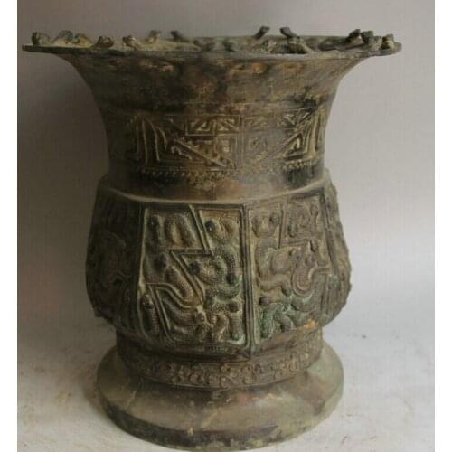 Song voge gem S1871 14" Old Chinese Bronze circular Dragon Beast kettle Bottle Vase Pot Jar Crock