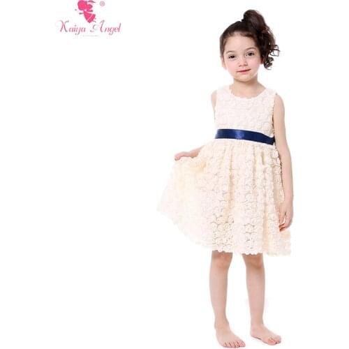 Girls Dress Ivory Rose Flower Summer Flower Girl Dresses For Weddings 2017 Toddler Girl Princess Dresses With Navy Ribbon Belt
