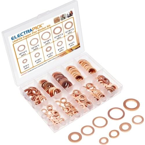 180pcs Flat Copper Washers Sealing Rings Flat Assortment Brass-plated Washers Set M5/6/8/10/12/14 Suitable for Screw