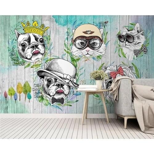 Custom wallpaper hand-painted animals cats and dogs cartoon background wall decoration painting waterproof material