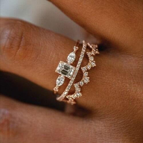 Luxury Female White Zircon Ring Set Charm Gold Color Wedding Rings For Women Cute Bride Square Crystal Stone Engagement Ring