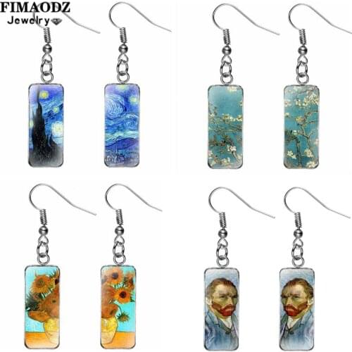 FIMAODZ Van Gogh Earrings Art Painting Sunflower Glass Geometric Pendant Hook Drop Earrings For Women Gifts Retro Jewellery