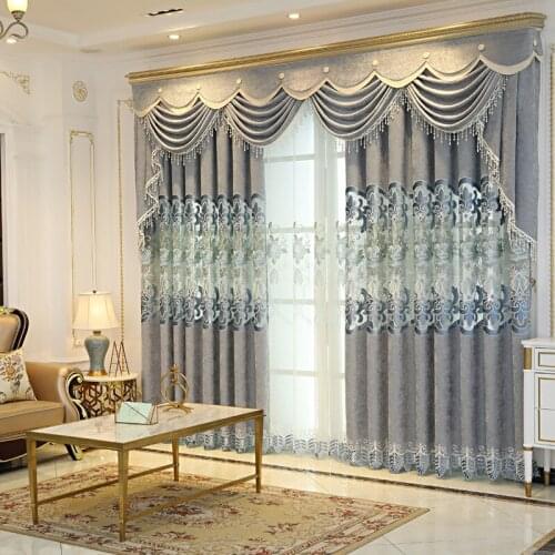 European-style Gray Curtains Hollow Embroidered Chenille for Living Room Bedroom Jacquard Semi-shading Romantic Elegant Curtains