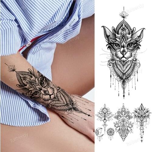 Tattoo sticker sleeve arm band black henna lace fake sexy tattoo for women temporary tattoo sticker mandala owl cat lotus flower