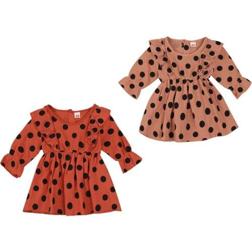 Toddlers Spring Long Sleeve Retro Polka Dot Print Dress Lovely Princess Girl Ruffle Dress Birthday Party Dress