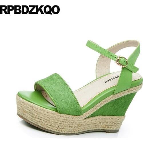 High Heels Genuine Leather Two Strap Sandals Pumps Green Rope Platform Espadrilles Open Toe Designer Women Wedge Shoes Horsehair