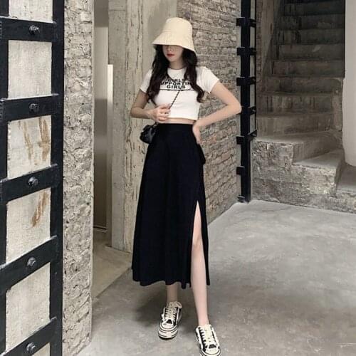 Lrregular tailoring high waist Slit skirt women 2021 spring and autumn Korean style skirt mid-length high-waist A-line skirt