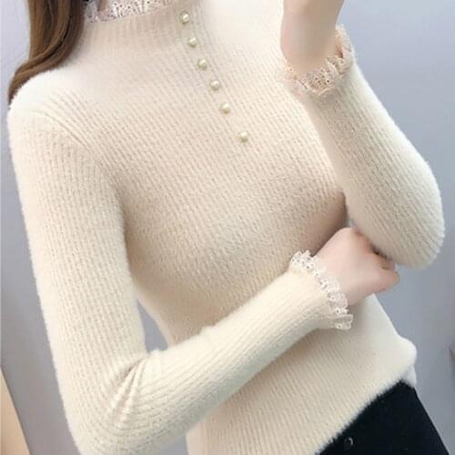 5 Color Imitation Mink velvet Half turtleneck Bottoming Knitwear Women Lace stitching Elastic Slim Jumper Pull Femme 2021 Autumn