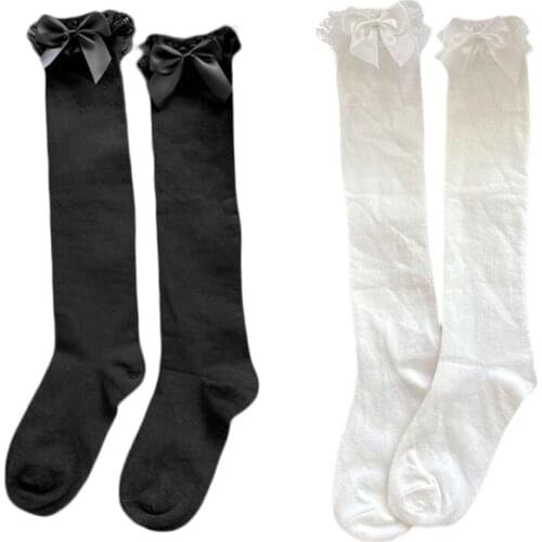 Women Lolita Lace Ruffle Frilly Knee High Socks Kawaii Sweet Bowknot Summer Stretch Solid Color Long Stockings Hosiery