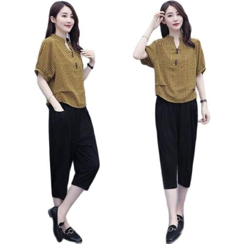 Single/Set Women 2021Summer New Large Size Two-Piece Short-Sleeved Plaid T-Shirt Top Loose Cropped Pants Harem Pants Female Suit