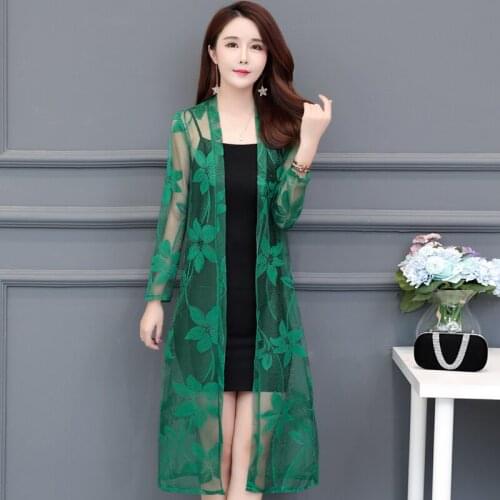 Summer Lace Cardigan Women Shawl Hollow Out Sun Protection Clothing Plus size Vintage Thin Ladies Jacket Fashion Long Black Coat