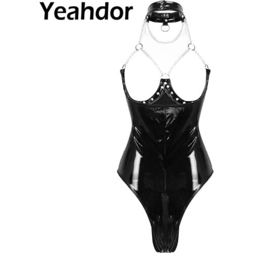 Womens Bodysuit Open Cups Wet Look Patent Leather Lingerie Halter Neck Low Back Zippered Crotch Leotard Nightwear Sexy One-piece