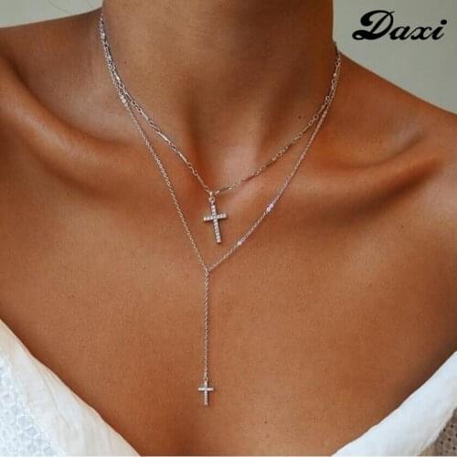 DAXI Sexy Layered Charm Y Necklace for Women Lady Rhinestone Cross Crystal CZ Pendants Bamboo Chain 2020 New Style Necklaces Set