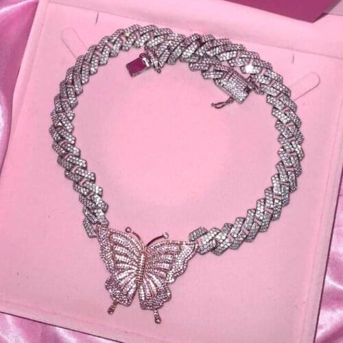 Silver Color White Pink Cz Paved Butterfly Pendant Necklace For Women 2021 New Cubann Chain Prong Crystal Hip Hop Choker