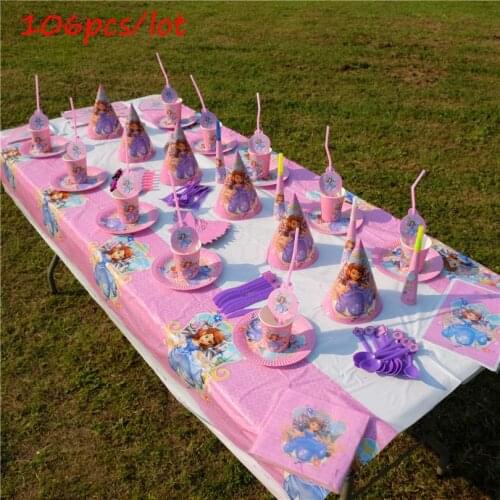 106 pcs Princess Sofia Cartoon Disposable Tableware Sets Kids Birthday Party Decorations Flags Hats Noisemaker Horns Blowouts
