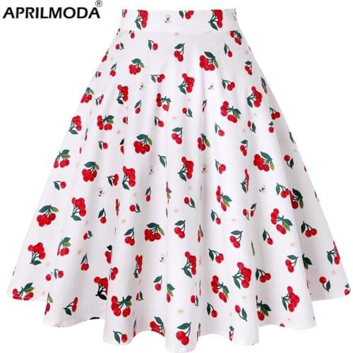 2021 White Cherry Print Retro Vintage Casual Women Skirts Cotton Summer School High Waist A Line Jurken Plus Size Party Clothing