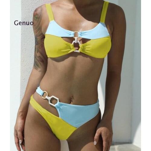 2021 Sexy Women Swimsuit High Waist Solid Color Bikini Set Two Piece Bathing Suit Mujer Push Up Bandage Beach Wear Ring Swimwear