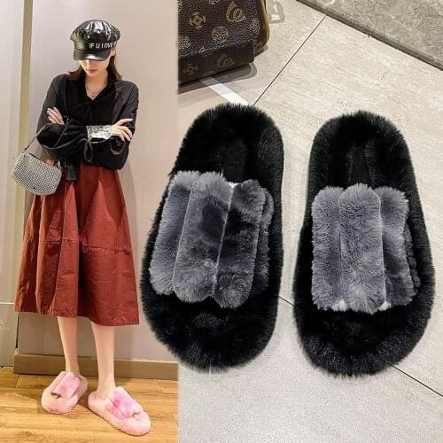 Indoor Women Fur Slippers Fluffy Soft Furry Slides Thick Flats Heel Non Slip House Shoes Ladies Luxury Footwear Wholesale MTX126
