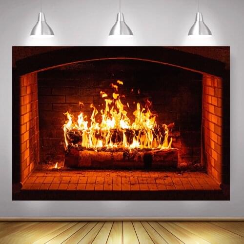 Fireplace Winter Photography Background Christmas Fireplace Family Video Backdrop Props Fire Wood Brick Photo Shoot Photocall