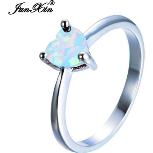 JUNXIN Male Female Small 5mm Heart Ring Boho Blue/White Fire Opal Stone Rings For Men And Women Fashion Wedding Jewelry Gifts